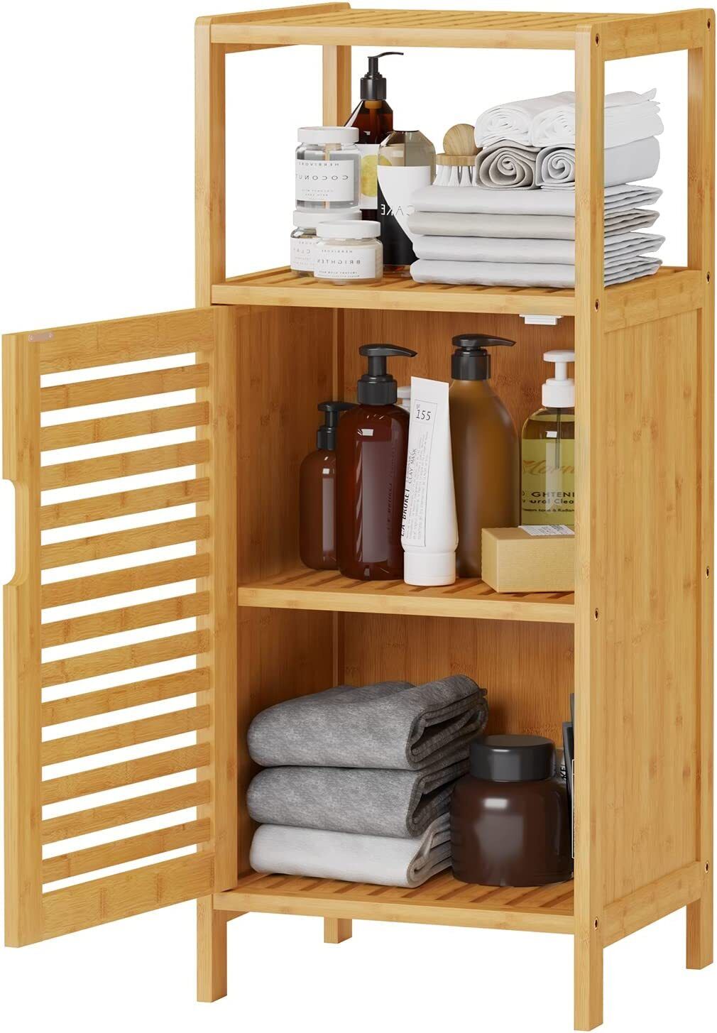Bathroom Storage Cabinet With Single Door And Shelf Freestanding Bamboo Cabinet