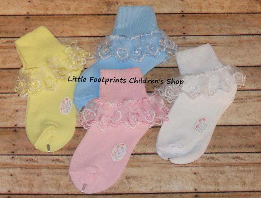 Toddler Little Girl Heart Lace Socks Pink White Blue Yellow  Shoe Sizes 7 Thru 2