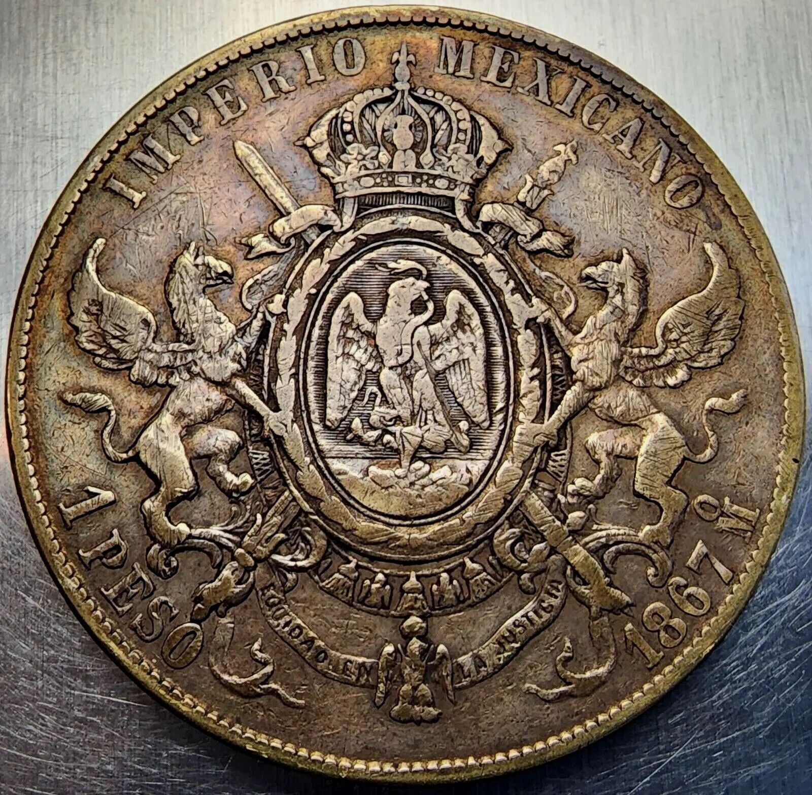 1 Peso 1867 Mo Maximiliano Emperador Flanked By Griffons Mexico Very Rare Date!!