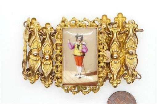 Antique Swiss Pinchbeck Hand Painted Folk Gentleman Miniature Bracelet C1840