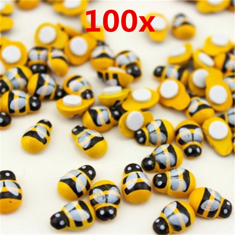 100 Pcs Mini Bees Self Adhesive Funny Wooden Bumble Ladybug Craft Card Toppers