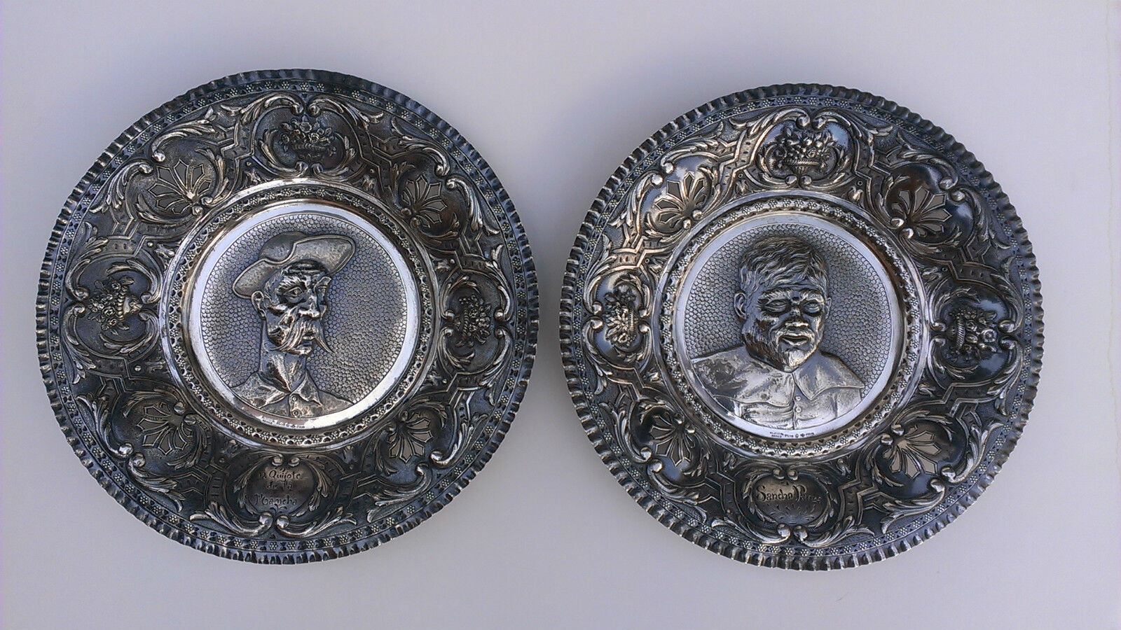 Antique Pair Sterling Silver Portrait Plates Chargers Don Quixote & Sancho Panza