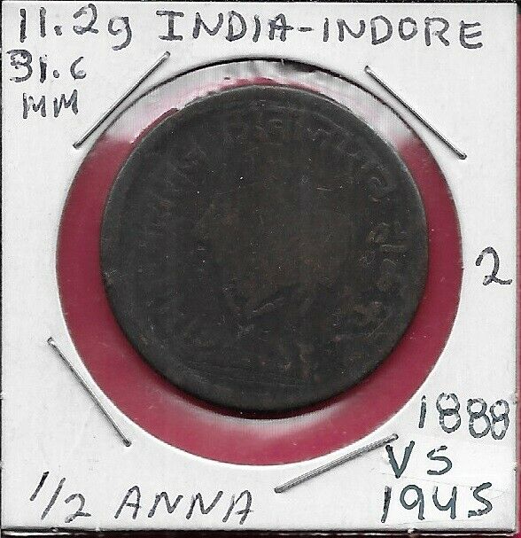 India Princely States-indore 1/2 Anna Vs1945-1888 Shivaji Rao-bahadur,continuous