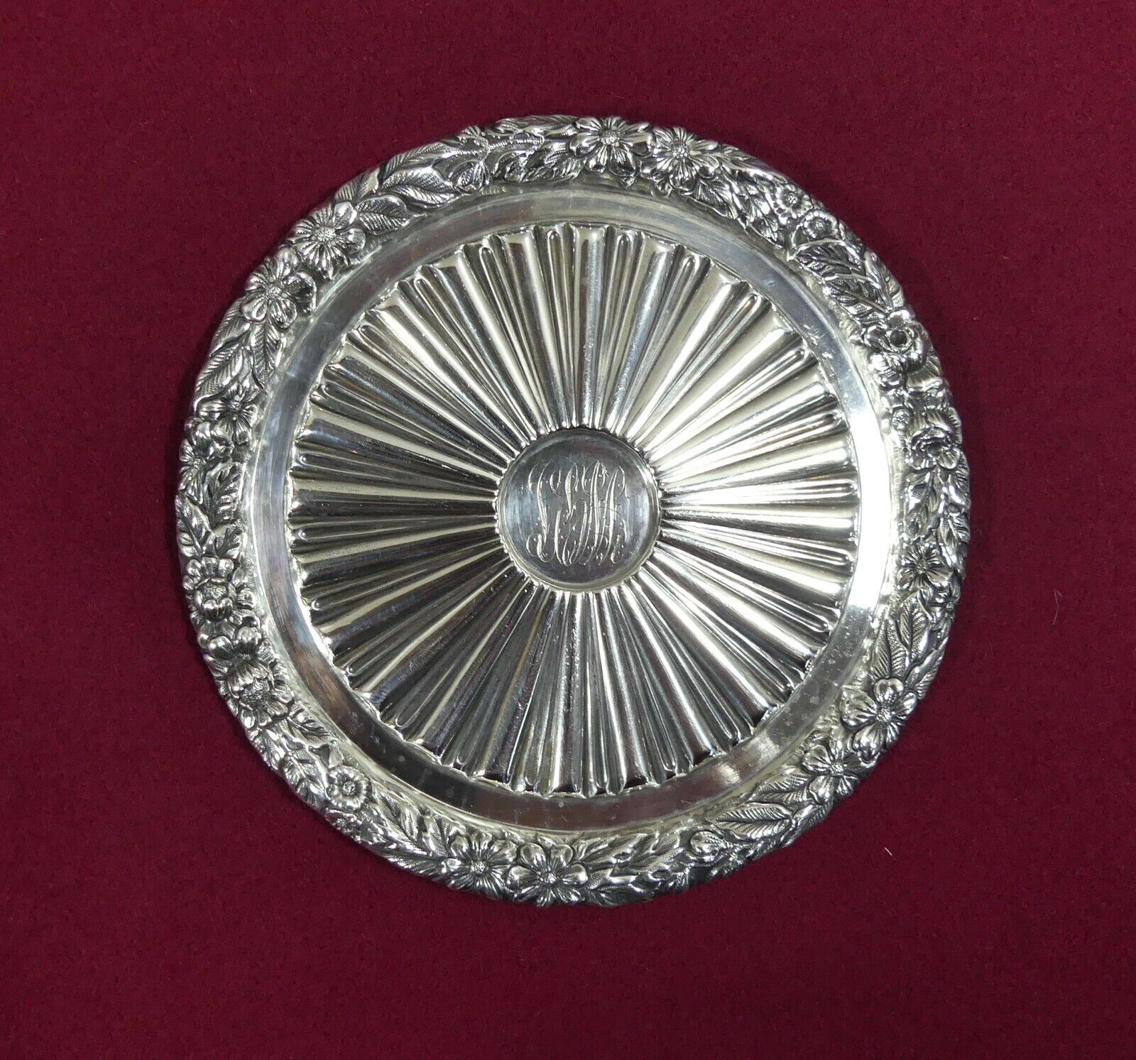 1891 Gorham ~ Sterling Silver 6" Round Floral Repousse Radial Rays Bread Plate