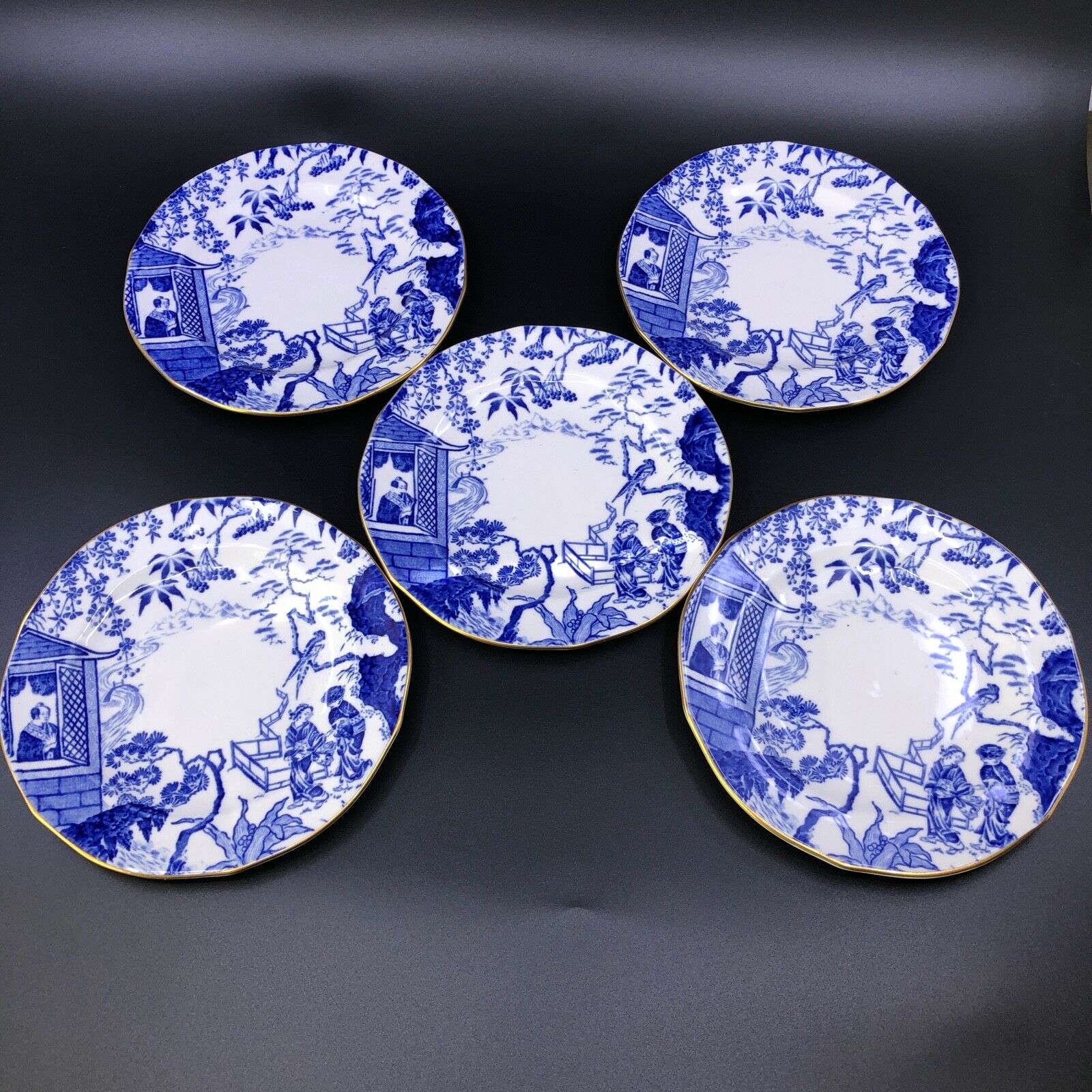 Royal Crown Derby Bread/dessert Plates Lot Of 5 Blue Mikado Pattern