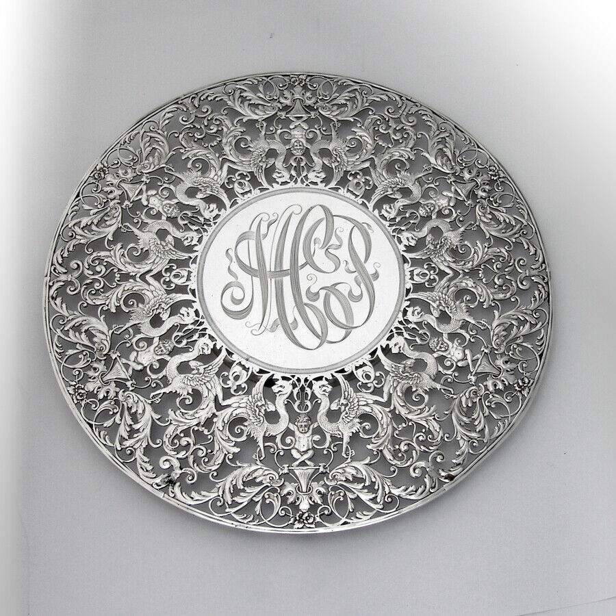 Roger Williams Openwork Ornate Cake Plate Sterling Silver Overlay Mono