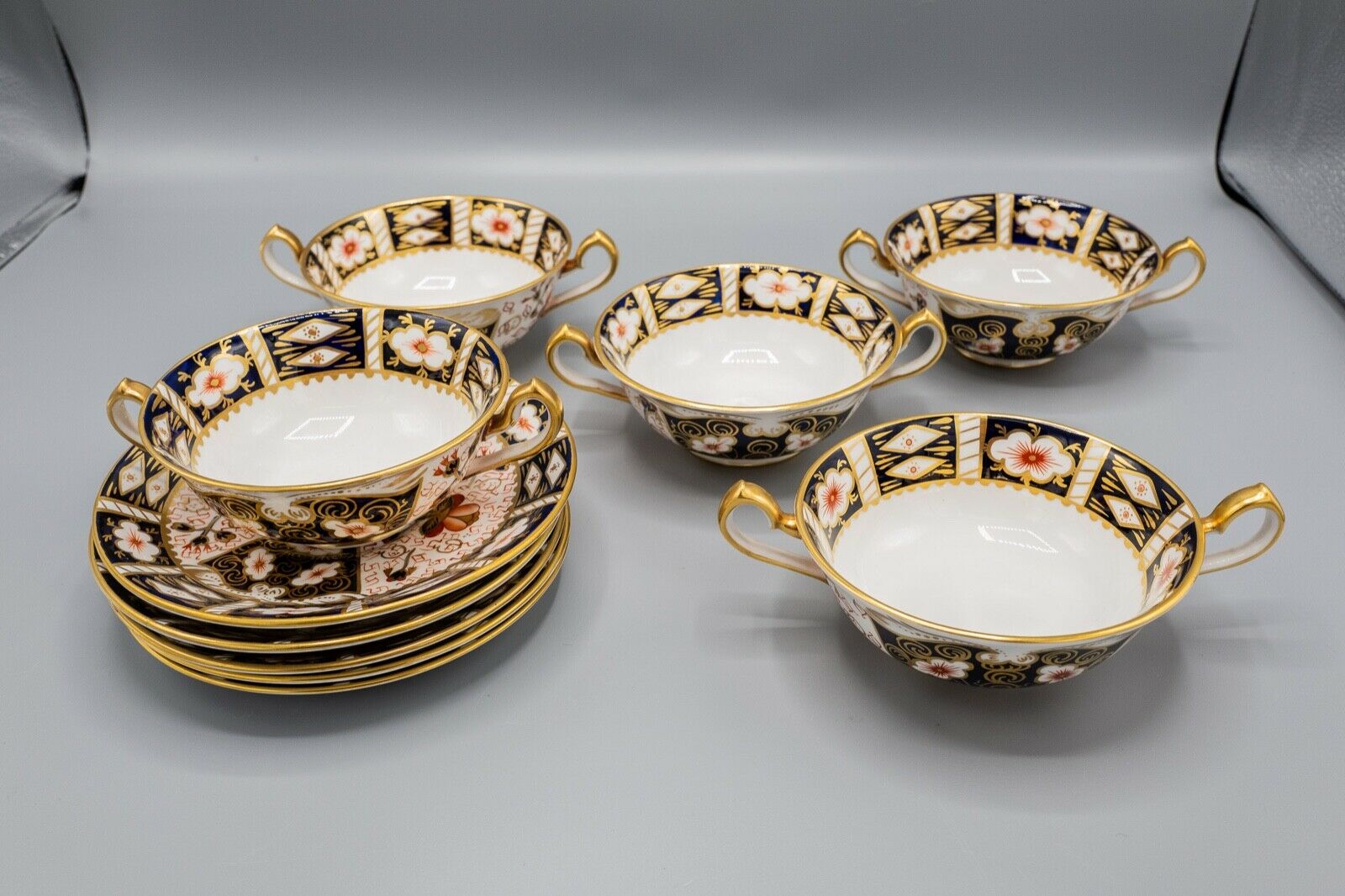 Royal Crown Derby Traditional Imari Cream Soup Bowls & Saucers Set Of 5
