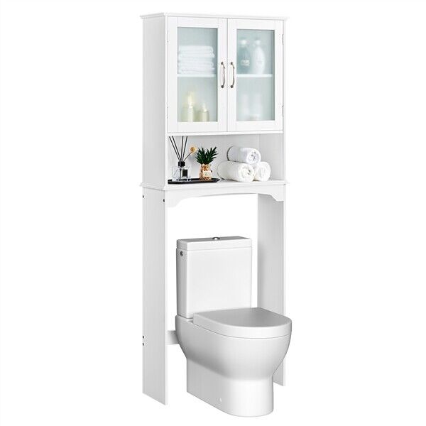 Over The Toilet Storage Cabinet With Double Tempered Glass Doors And Open Shelf