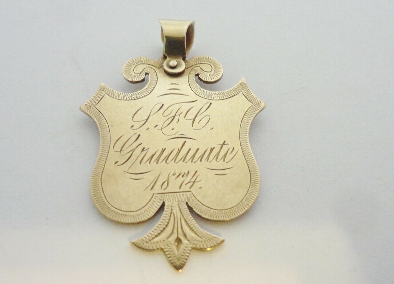 Antique 1874 14k Rose Gold  "sfc" Graduate Shield Style Pendant Badge