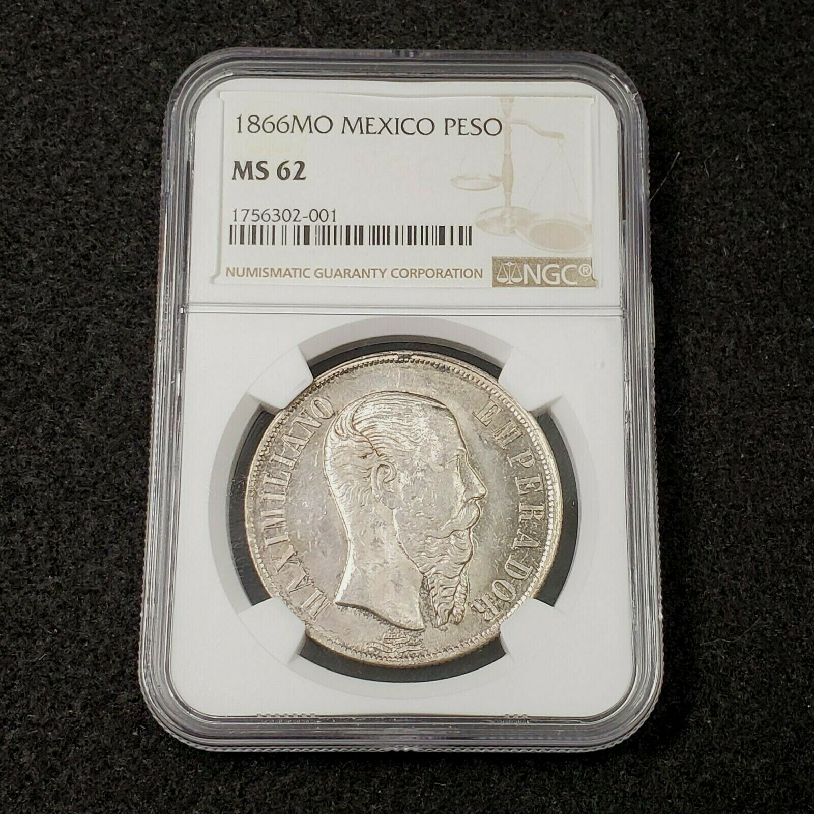 1866 Mo Mexico Peso Empire Of Maximilian ~ Ngc Ms62 Uncirculated Rare