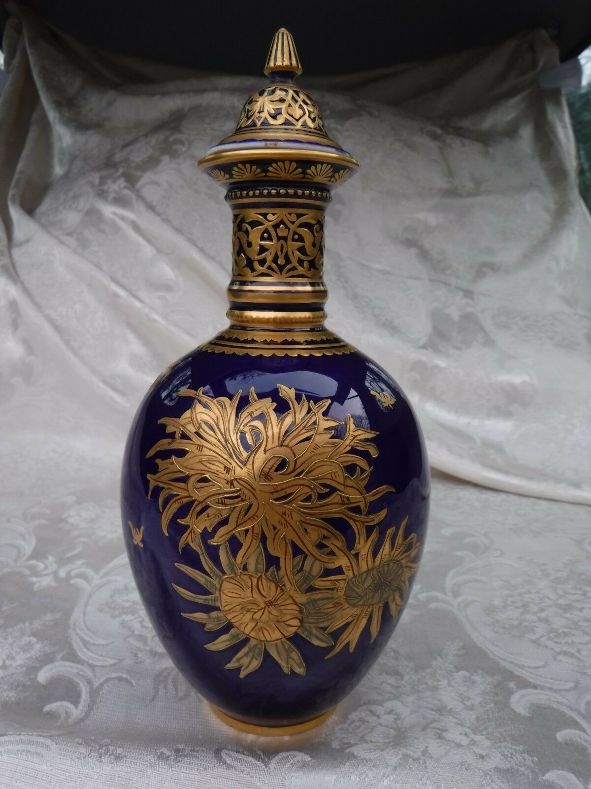Antique Royal Crown Derby Decanter Covered Vase Urn Cobalt Gold   Flaws