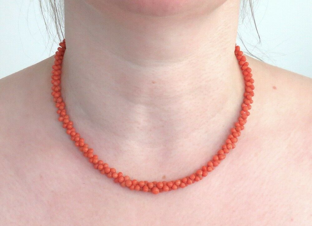 Antique Victorian 1850s Beaded Coral Strand Choker Necklace 14k Gold Clasp