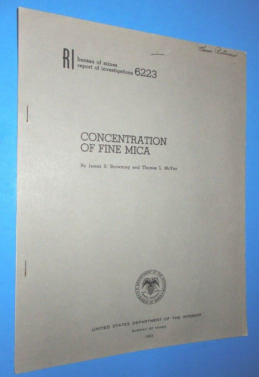 Vintage 1963 Usbm Report Of Investigations 6223 "concentration Of Fine Mica"