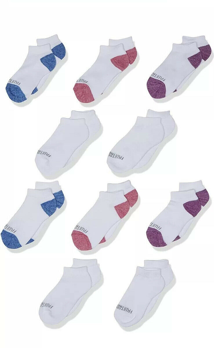 10 Pairs Fruit Of The Loom No Show Socks, Girls Size 10.5-4- Free Shipping!